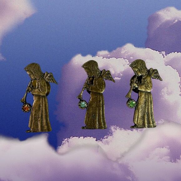 VTG Set 3 Distressed Goldtone Angel Lapel Pins Horns Green Blue Orange Crystals - Picture 1 of 4